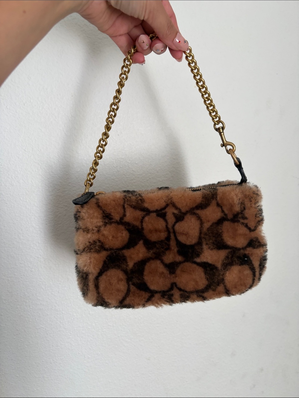 Coach Faux Fur Signature Clutch in Tan and Dark Brown